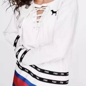Victoria's Secret Pink Lace-up Long Sleeve Tee Shirt White red, blue, black.